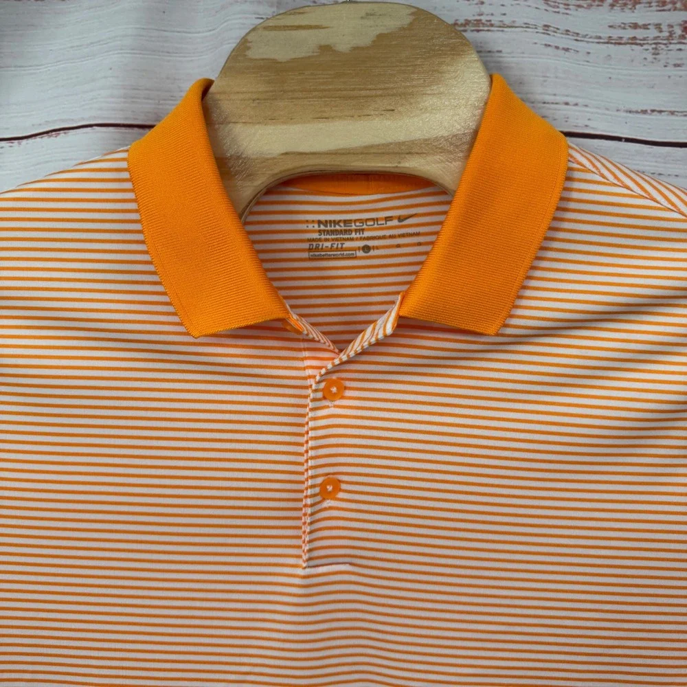 Nike Golf Polo Shirt Mens Large Orange White Stripe Dri-FIT Standard Fit Atletic